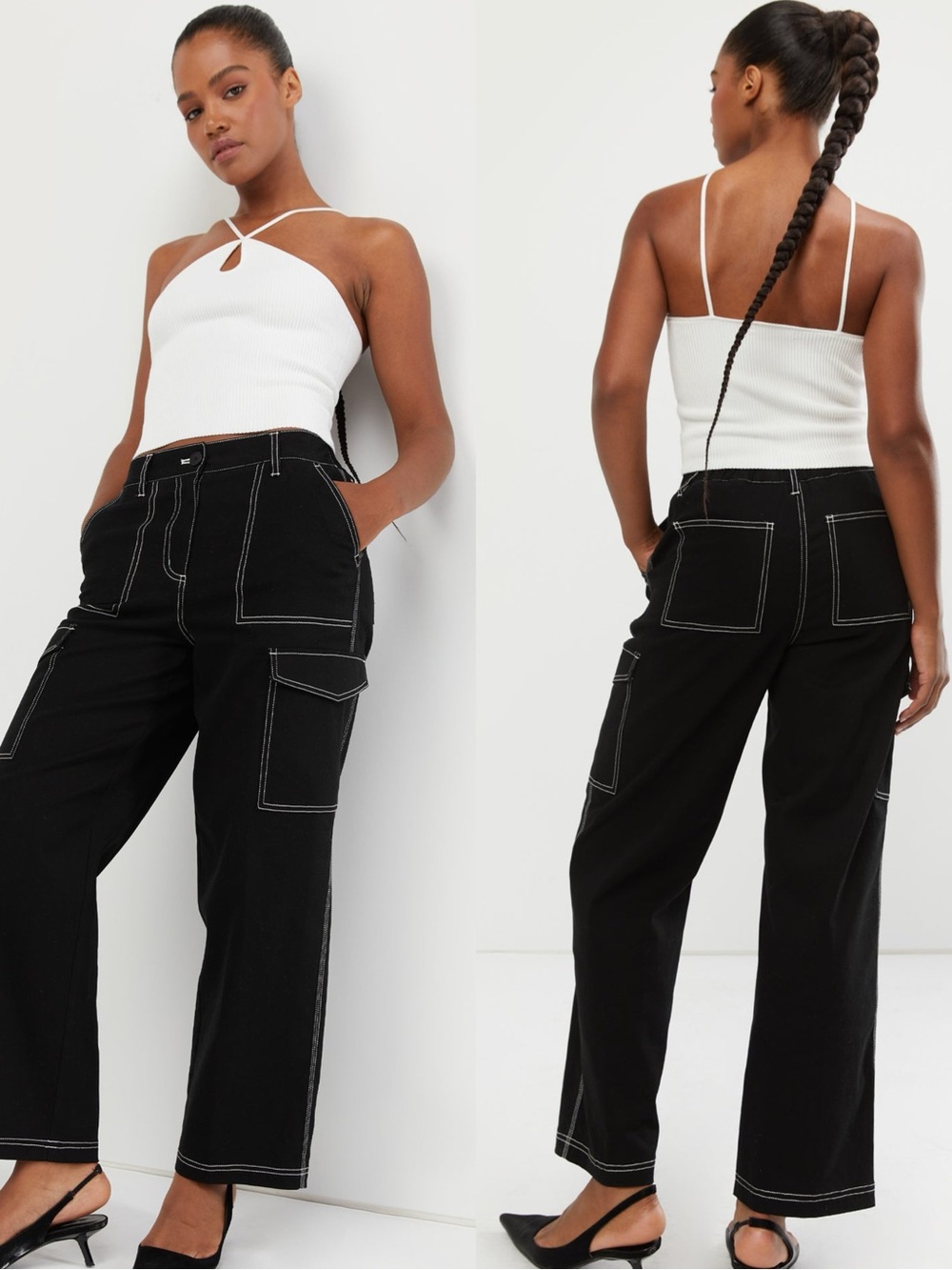 OAK + FORT Cargo Black White Cotton Trousers Pants